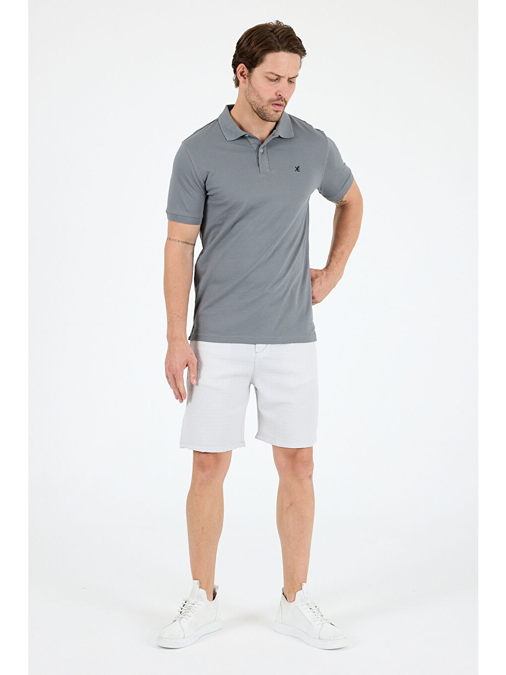 Gri Polo Yaka Kısa Kollu Pike Erkek %100 Pamuk Tişört-1