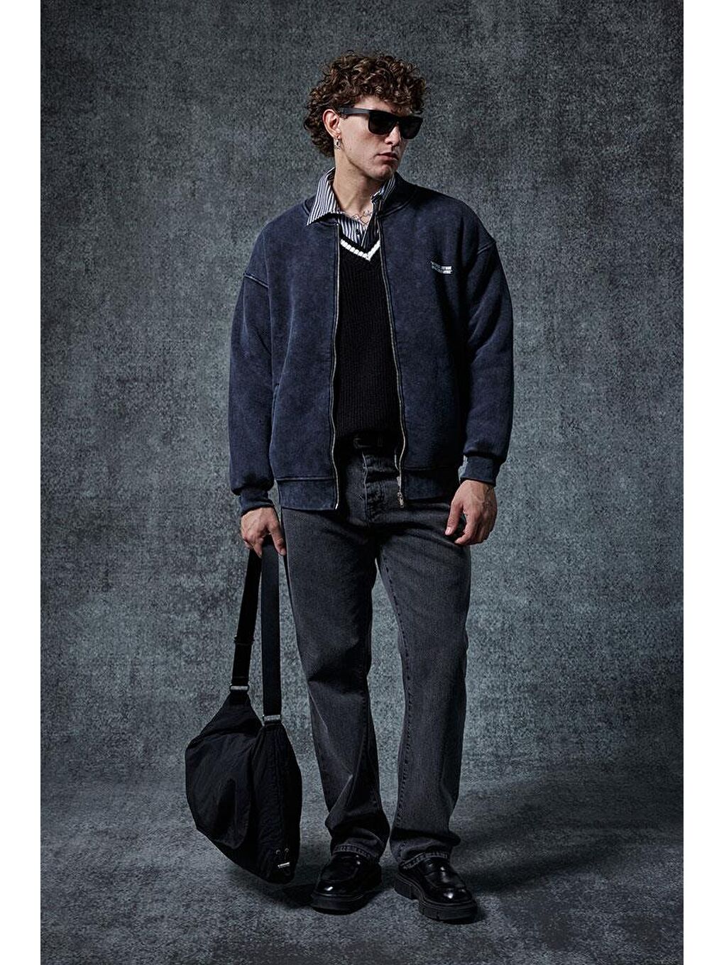 Erkek Oversize Yıkamalı Fermuarlı Sweatshirt Siyah-1
