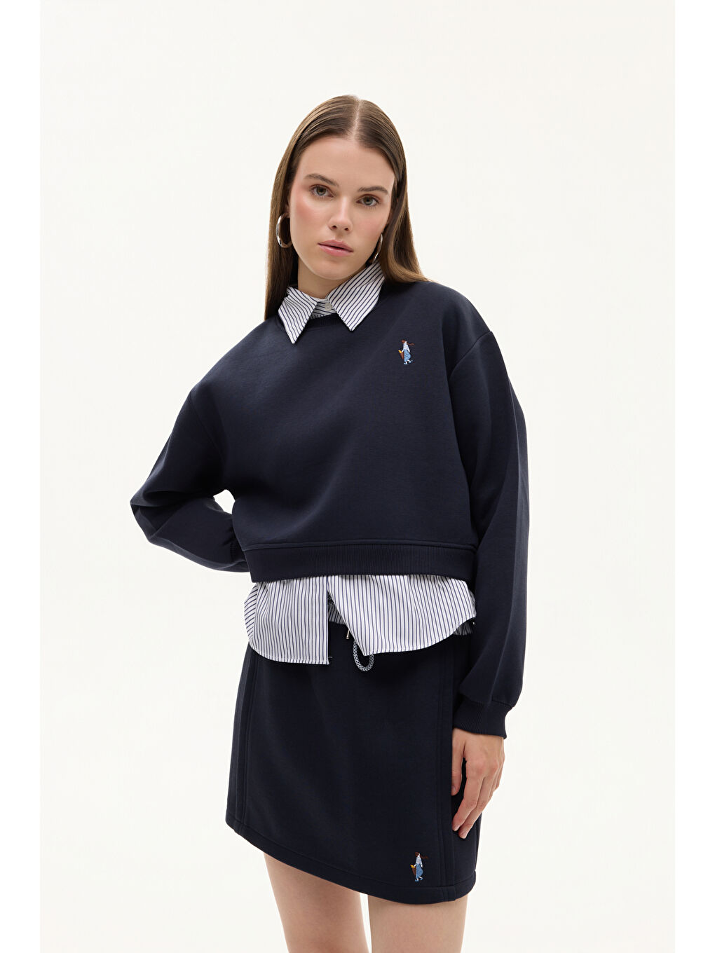 Gömlek Garnili Nakışlı Sweatshirt Lacivert