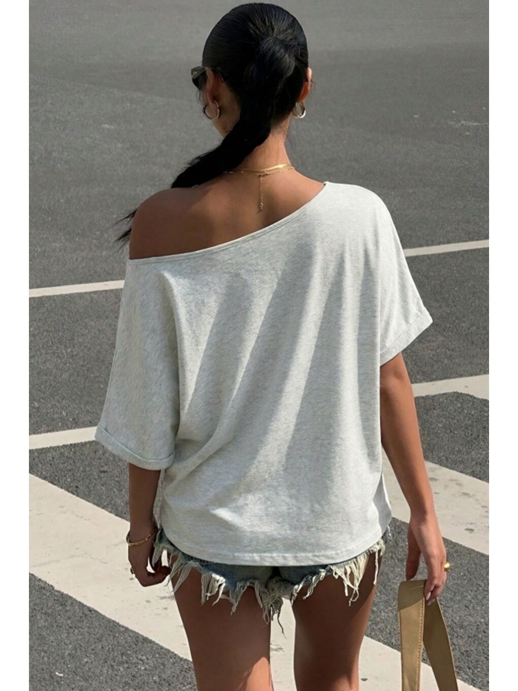 Gri Kadın Oversize Düşük Omuz Basic Tişört – Salaş Kesim Yazlık Rahat T-Shirt-5