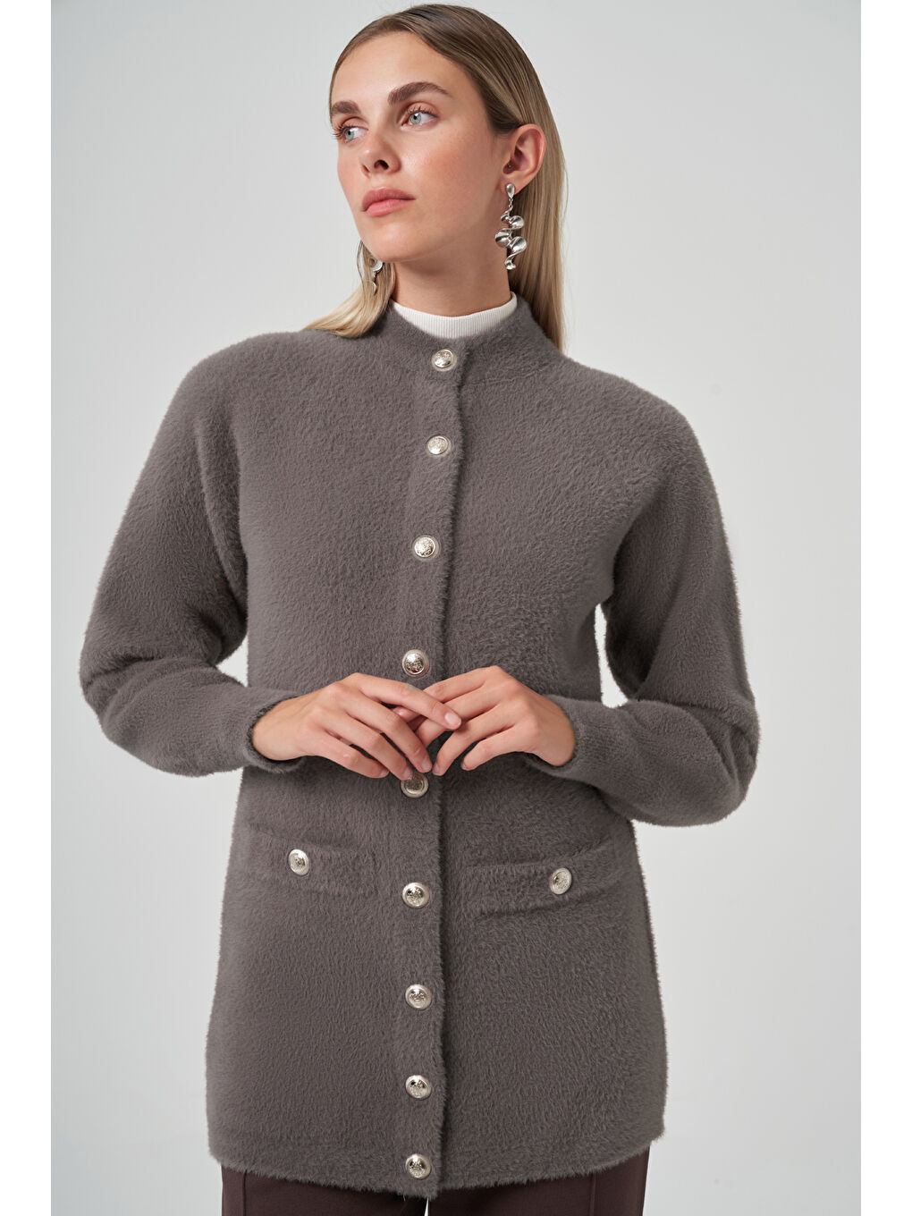 Gri Cep Detay Angora Hırka 7008 Füme