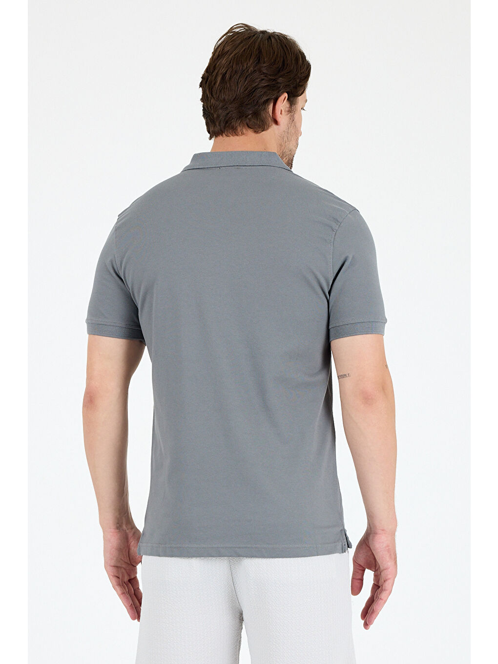 Gri Polo Yaka Kısa Kollu Pike Erkek %100 Pamuk Tişört-4