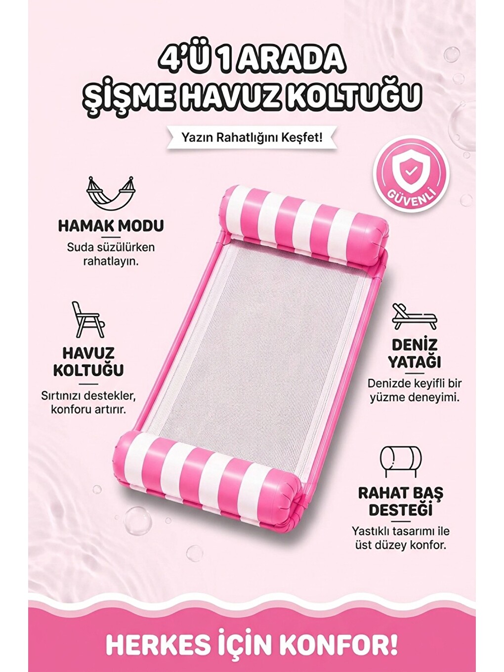 Şişme Havuz Koltuğu Hava Yastıklı Fileli 4'ü 1 Arada Deniz Ve Havuz Yatağı Şezlong Pembe