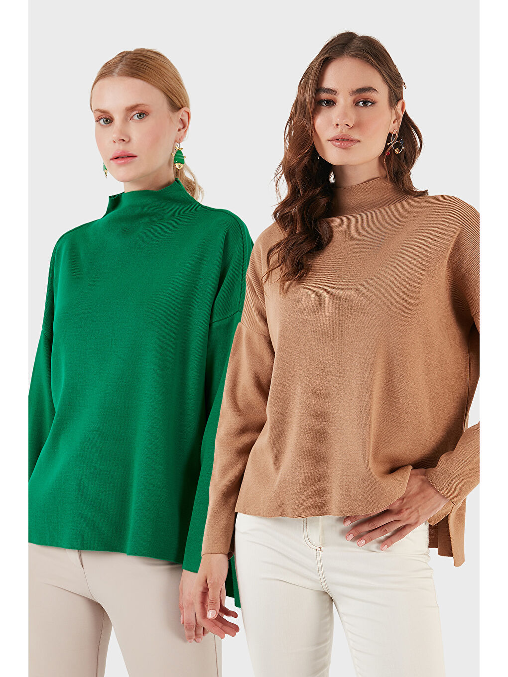 Yeşil Pamuklu Arkası Uzun Dik Yaka 2'li Paket Triko Kazak 4615002S2