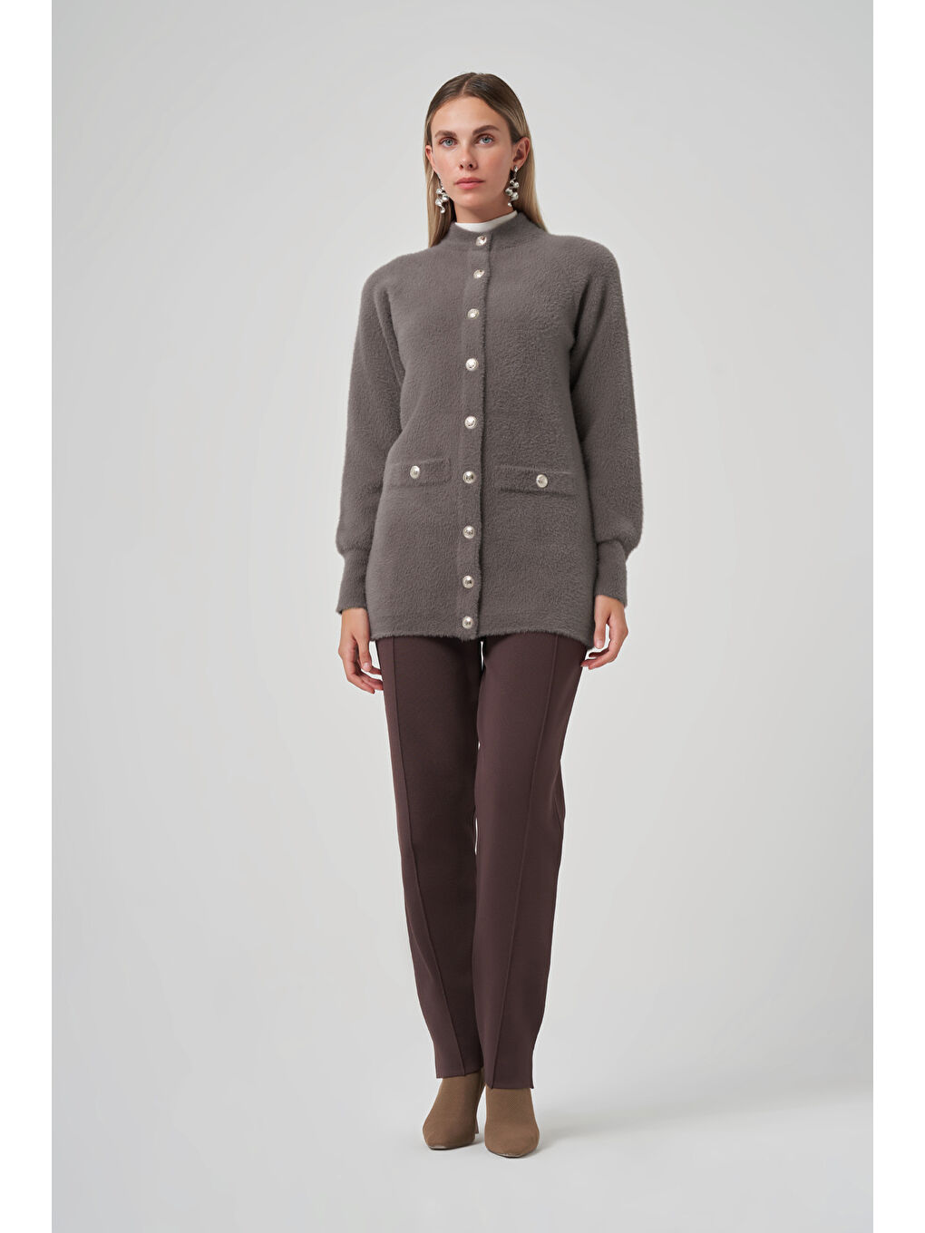 Gri Cep Detay Angora Hırka 7008 Füme-1