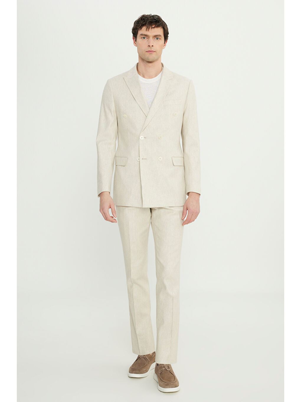 Erkek Bej Keten Slim Fit Dar Kesim Kırlangıç Yaka Desenli Torba Cepli Kruvaze Takım Elbise-3