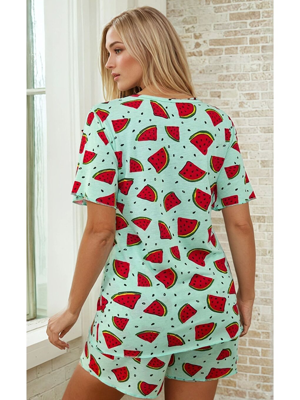 Yeşil Karpuz Desenli Kısa Kollu Şortlu Kadın Pijama Takımı-2