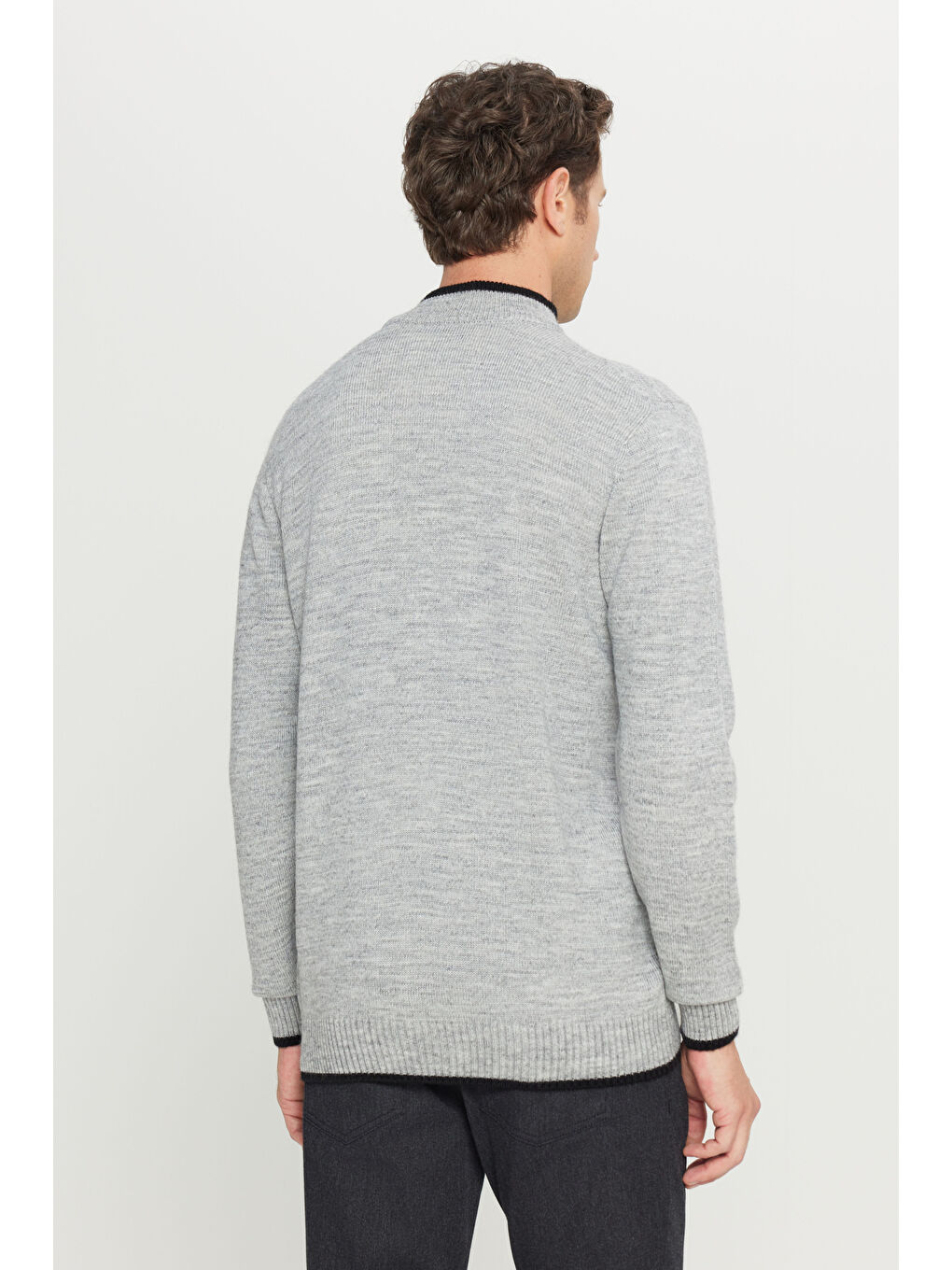 Erkek Gri Melanj Standart Fit Normal Kesim Dik Yaka Triko Ceket-4