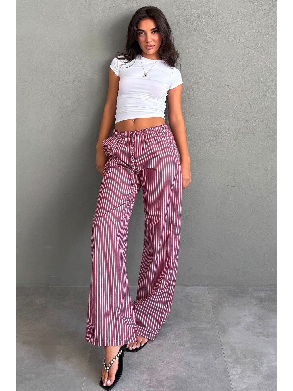 Bordo Beli Ayarlanabilir Çizgili Cepli Bol Paça Kadın Pantolon Mg2312-2