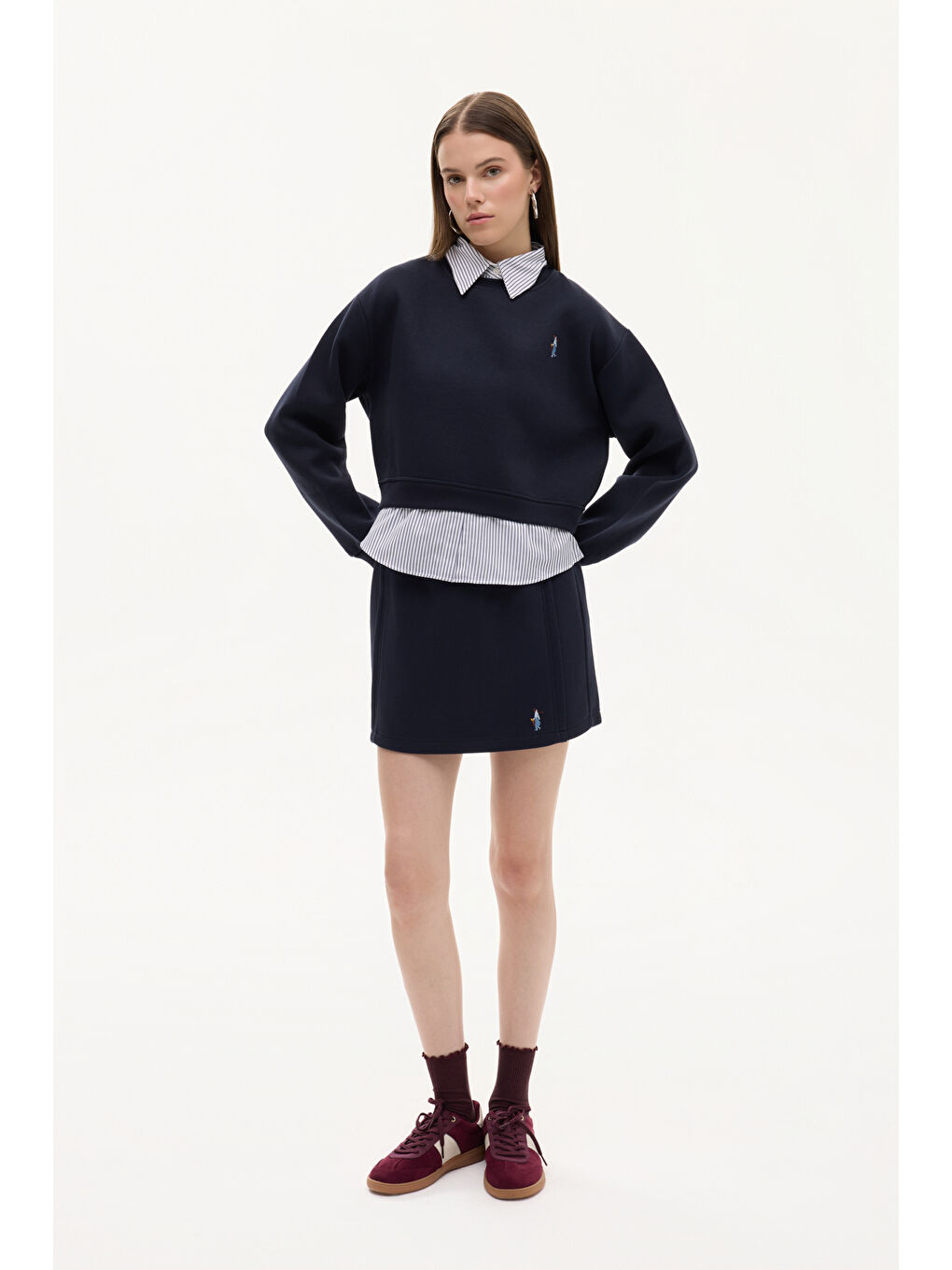 Gömlek Garnili Nakışlı Sweatshirt Lacivert-1