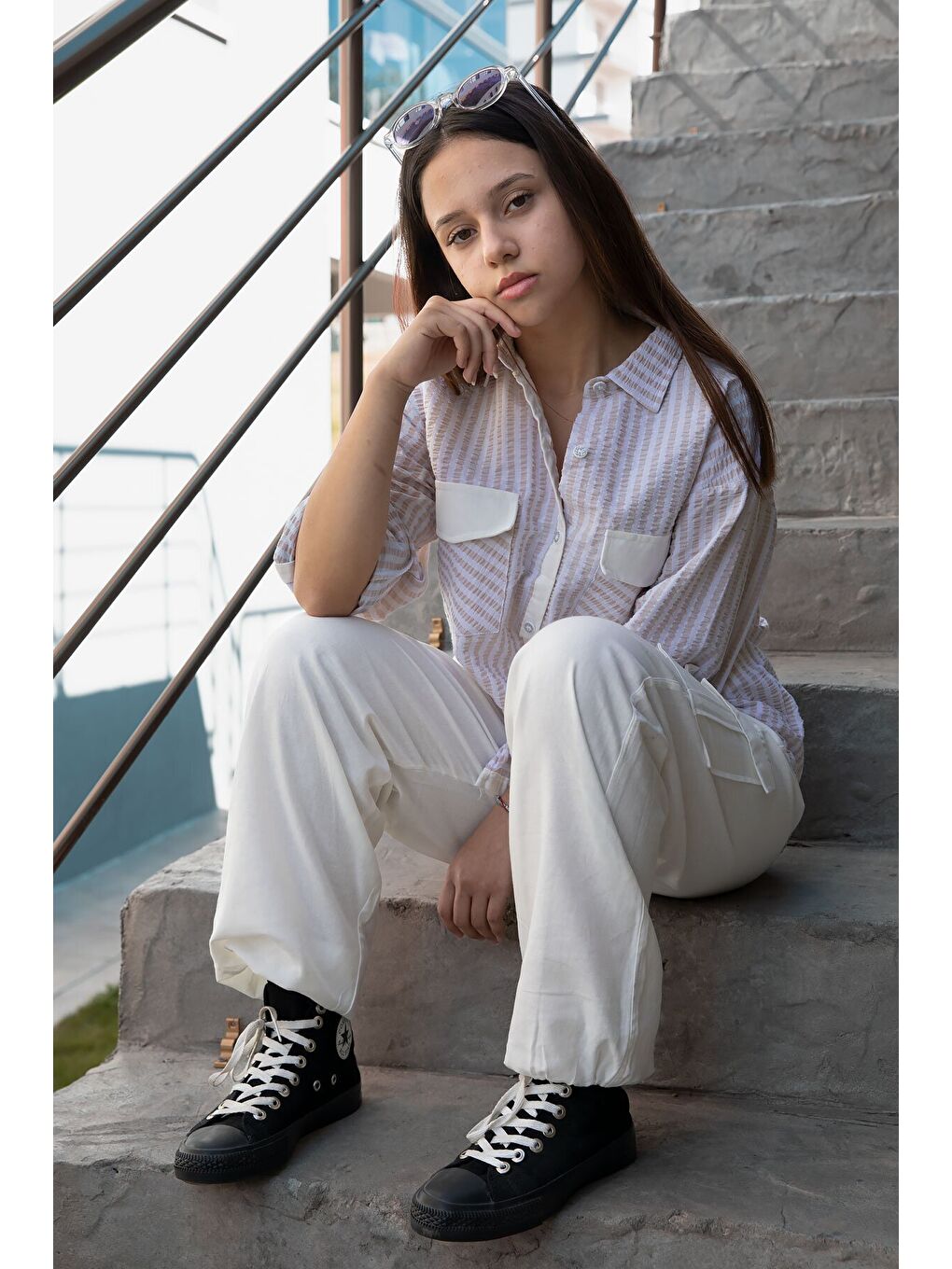 Bej Kız Çocuk Çizgili Gömlekli Kargo Pantolonlu 2'li Takım 23299-1