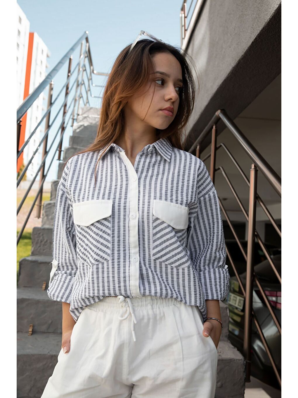 İndigo Kız Çocuk Çizgili Gömlekli Kargo Pantolonlu 2'li Takım 23298-3