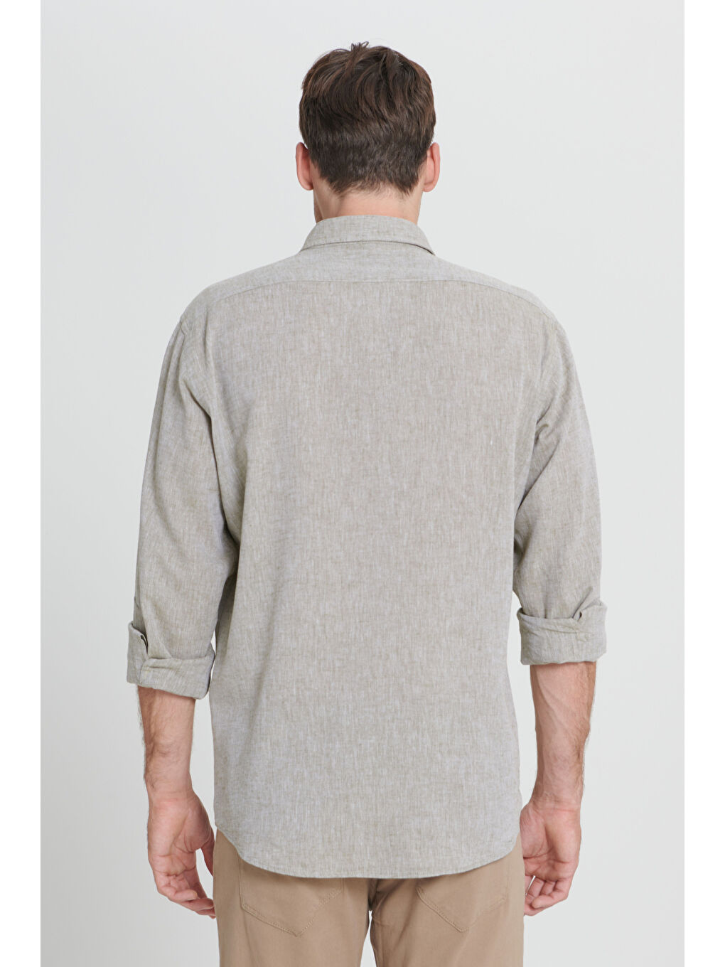 Erkek Haki Comfort Fit Rahat Kesim Düğmeli Yaka Keten Gömlek-5