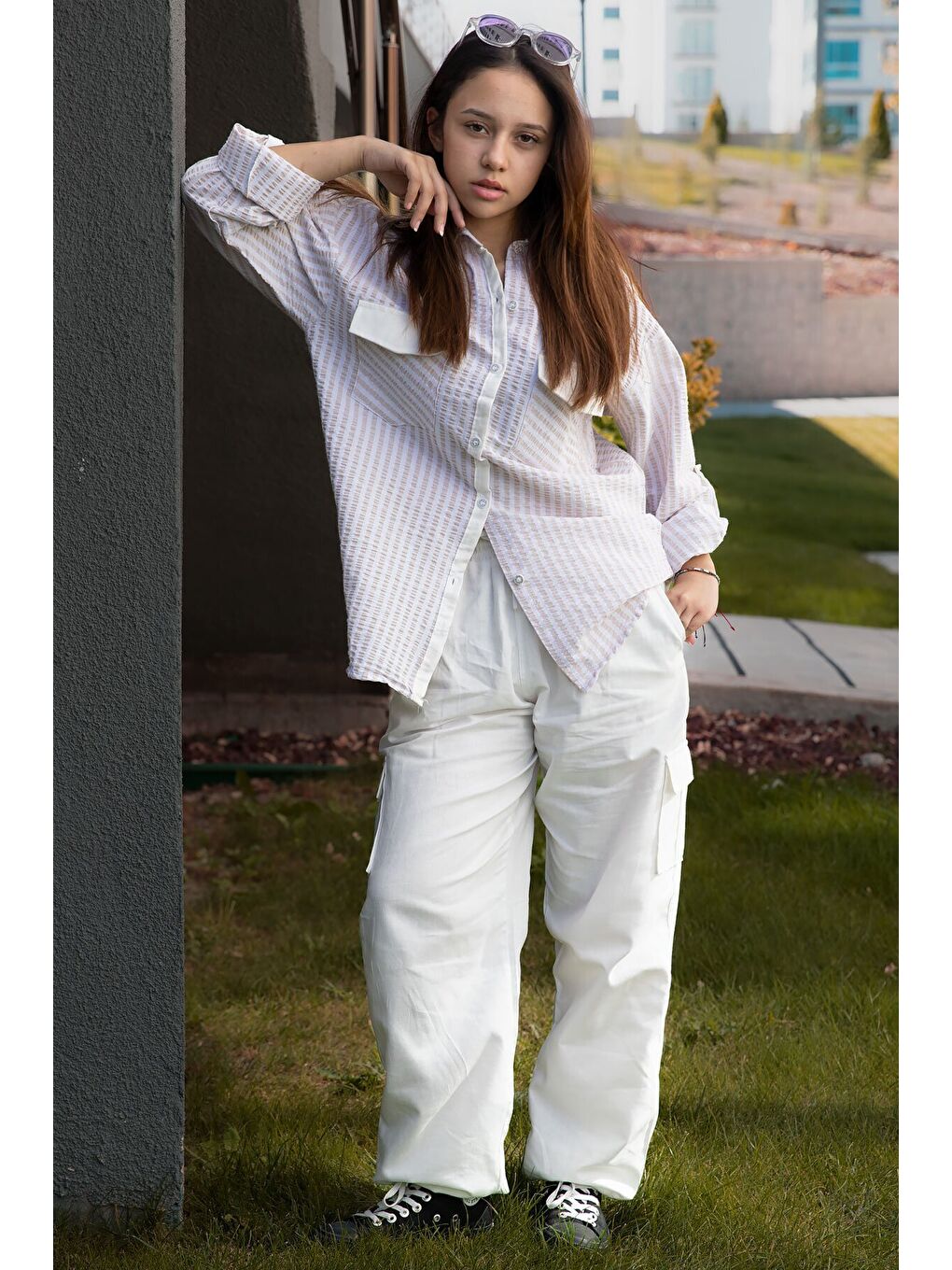 Bej Kız Çocuk Çizgili Gömlekli Kargo Pantolonlu 2'li Takım 23299-3