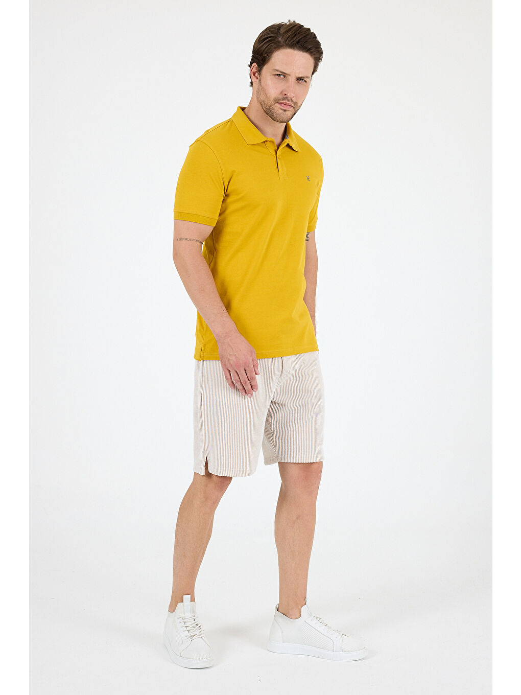 Sarı Polo Yaka Kısa Kollu Pike Erkek %100 Pamuk Tişört-2