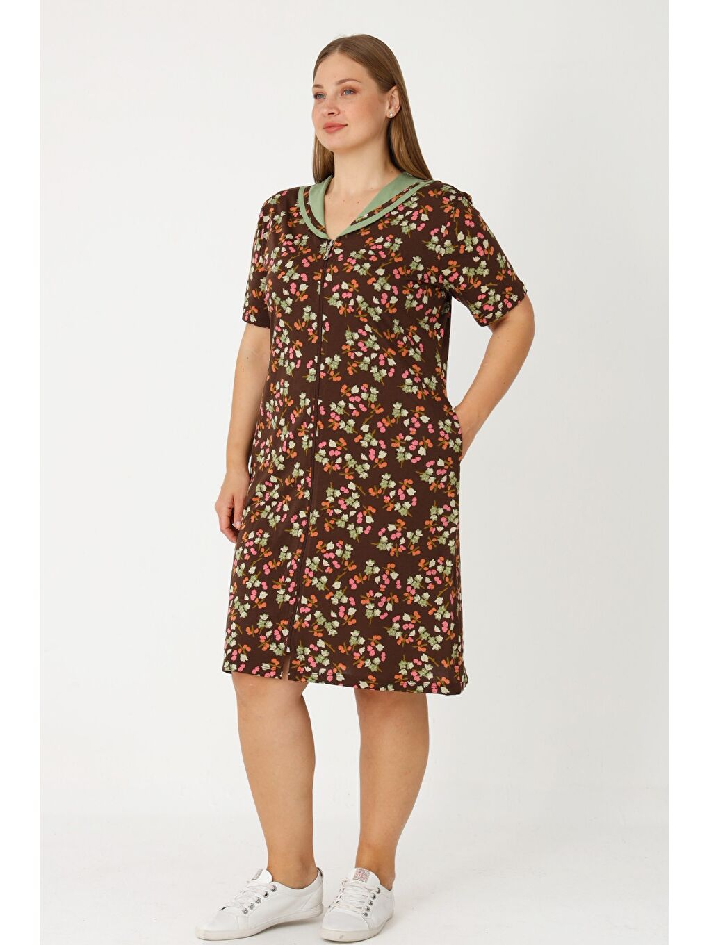 Kahverengi Çiçek Desenli Boydan Fermuarlı Biyeli Cepli Kadın Pamuklu Elbise-1