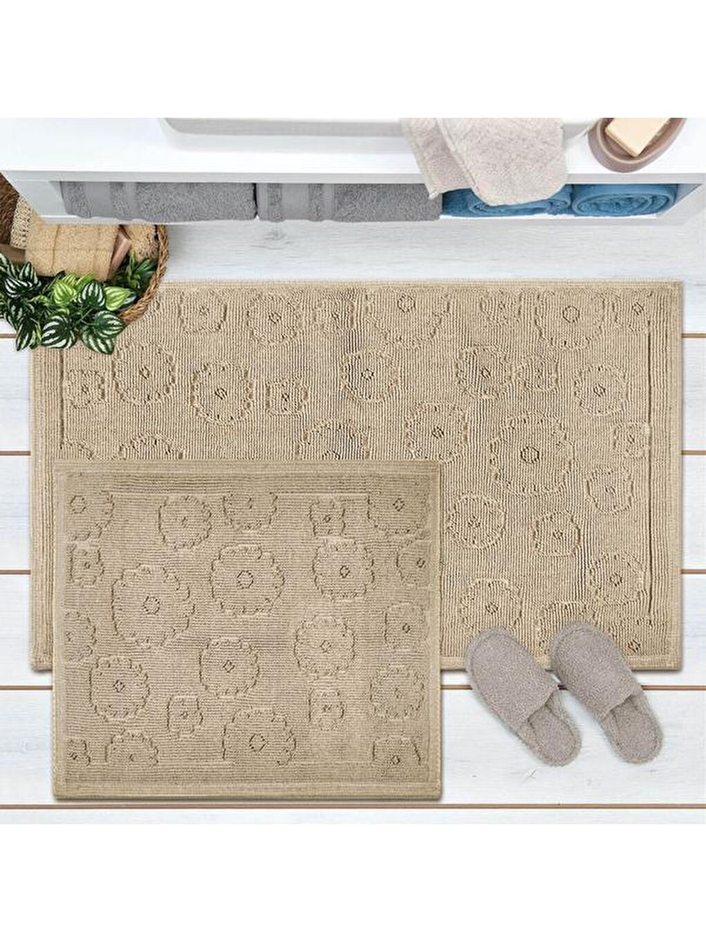 Soft Fiore 2'li Banyo Paspası - Bej - 60x100 cm + 50x60 cm