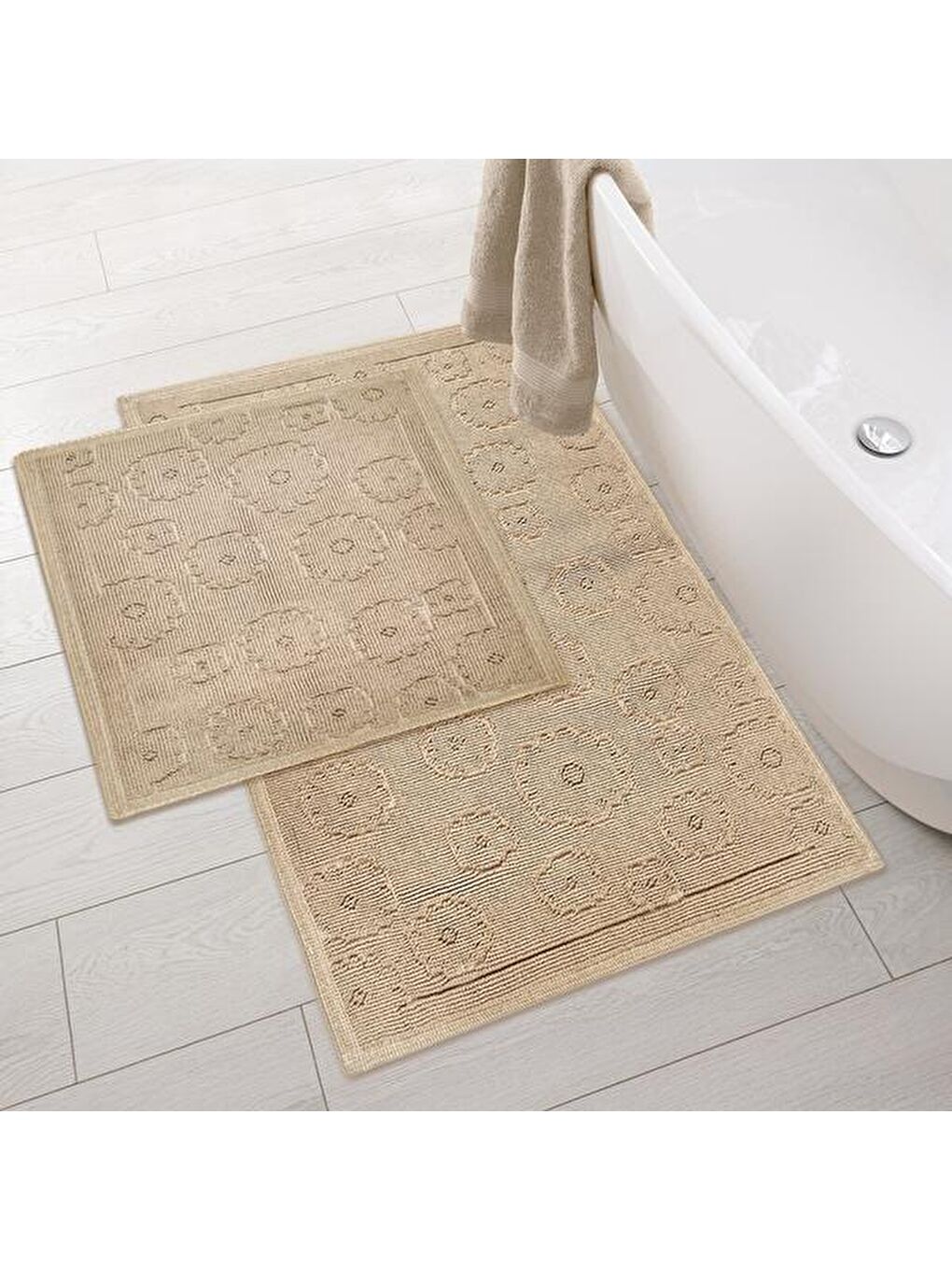 Soft Fiore 2'li Banyo Paspası - Bej - 60x100 cm + 50x60 cm-2