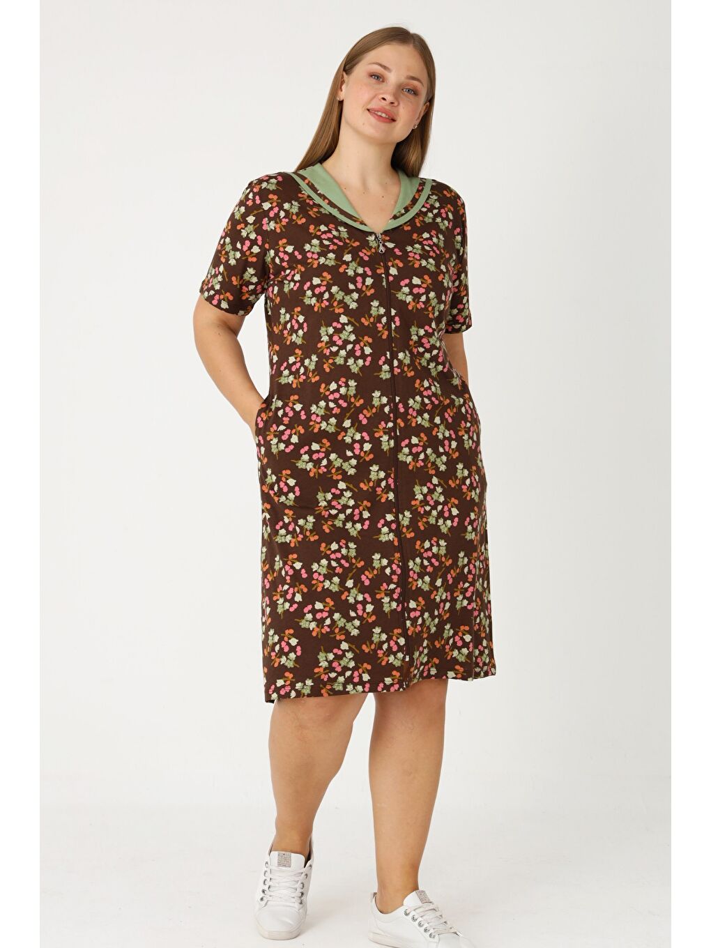 Kahverengi Çiçek Desenli Boydan Fermuarlı Biyeli Cepli Kadın Pamuklu Elbise-2