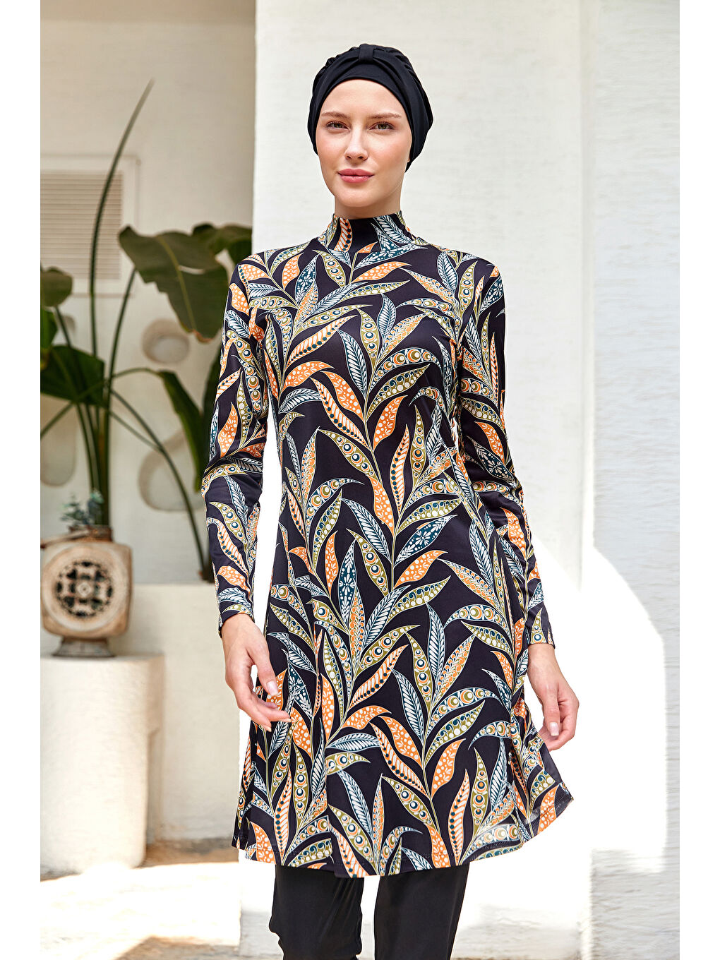 Elastanlı Tam Kapalı Tesettür Mayo Desenli 3105 Siyah