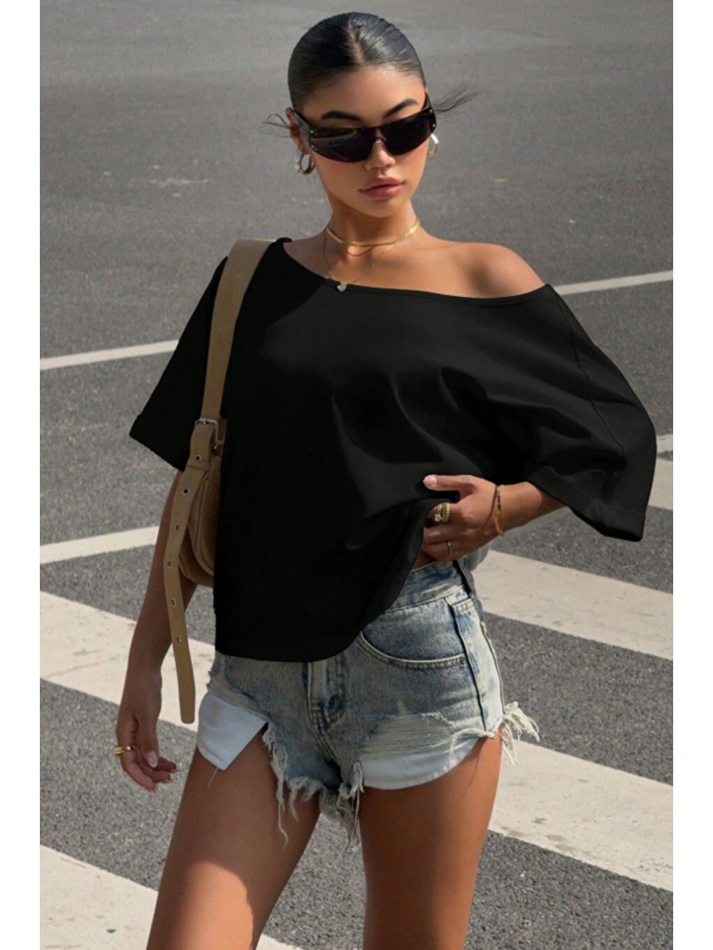 Siyah Kadın Oversize Düşük Omuz Basic Tişört – Salaş Kesim Yazlık Rahat T-Shirt-3