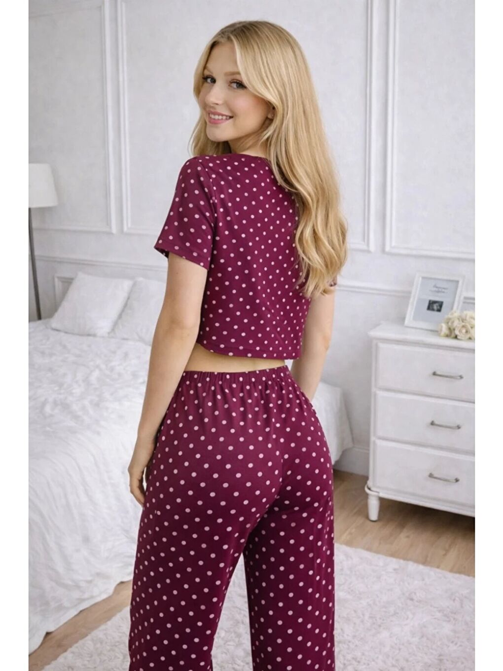 Kadın Bordo Puantiye Desenli Alt Üst Pijama Takımı - Ev Giyimi-1