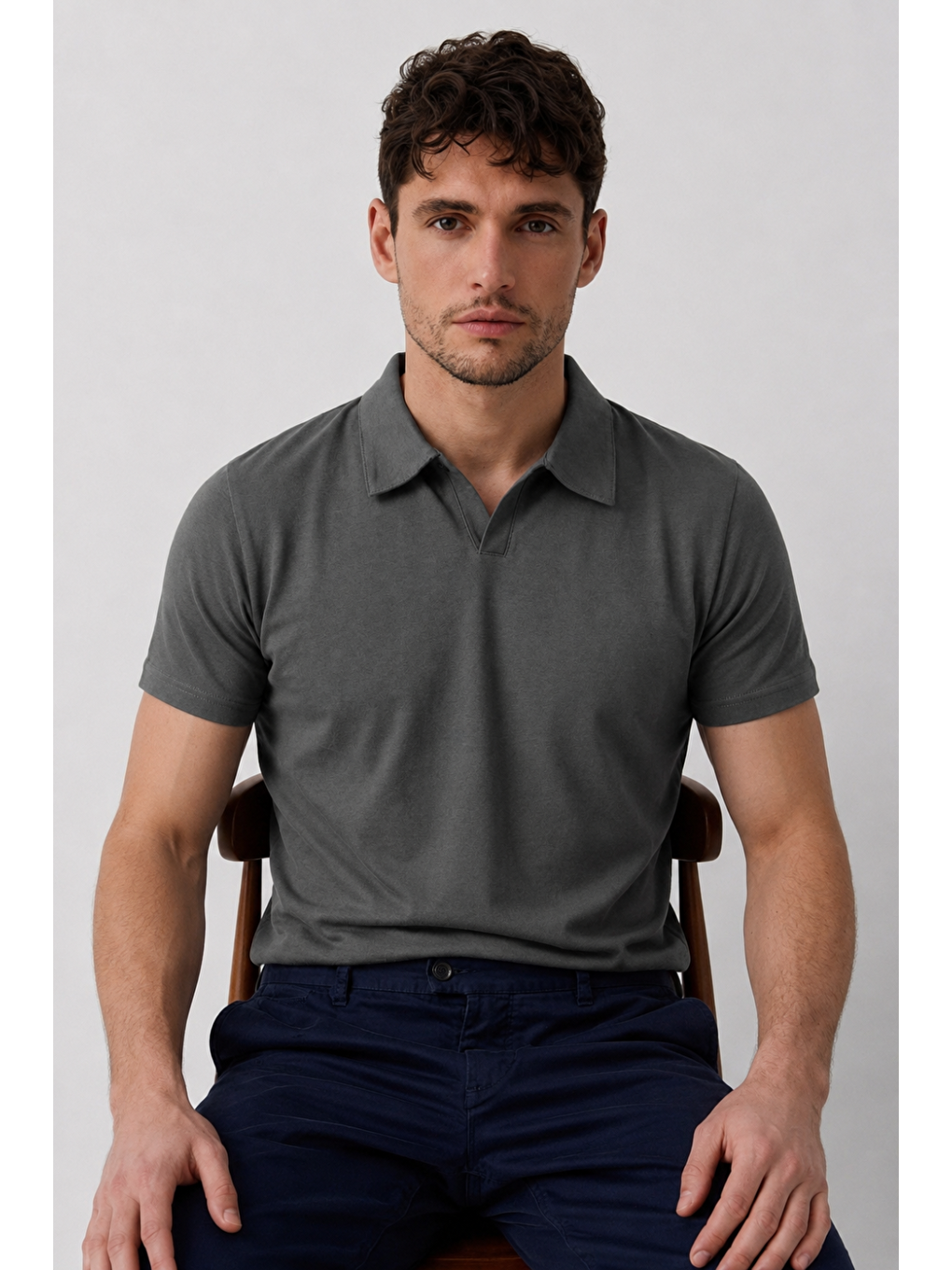 Gri Erkek Polo Yaka Premium Comfort Spor Füme Tişört-1