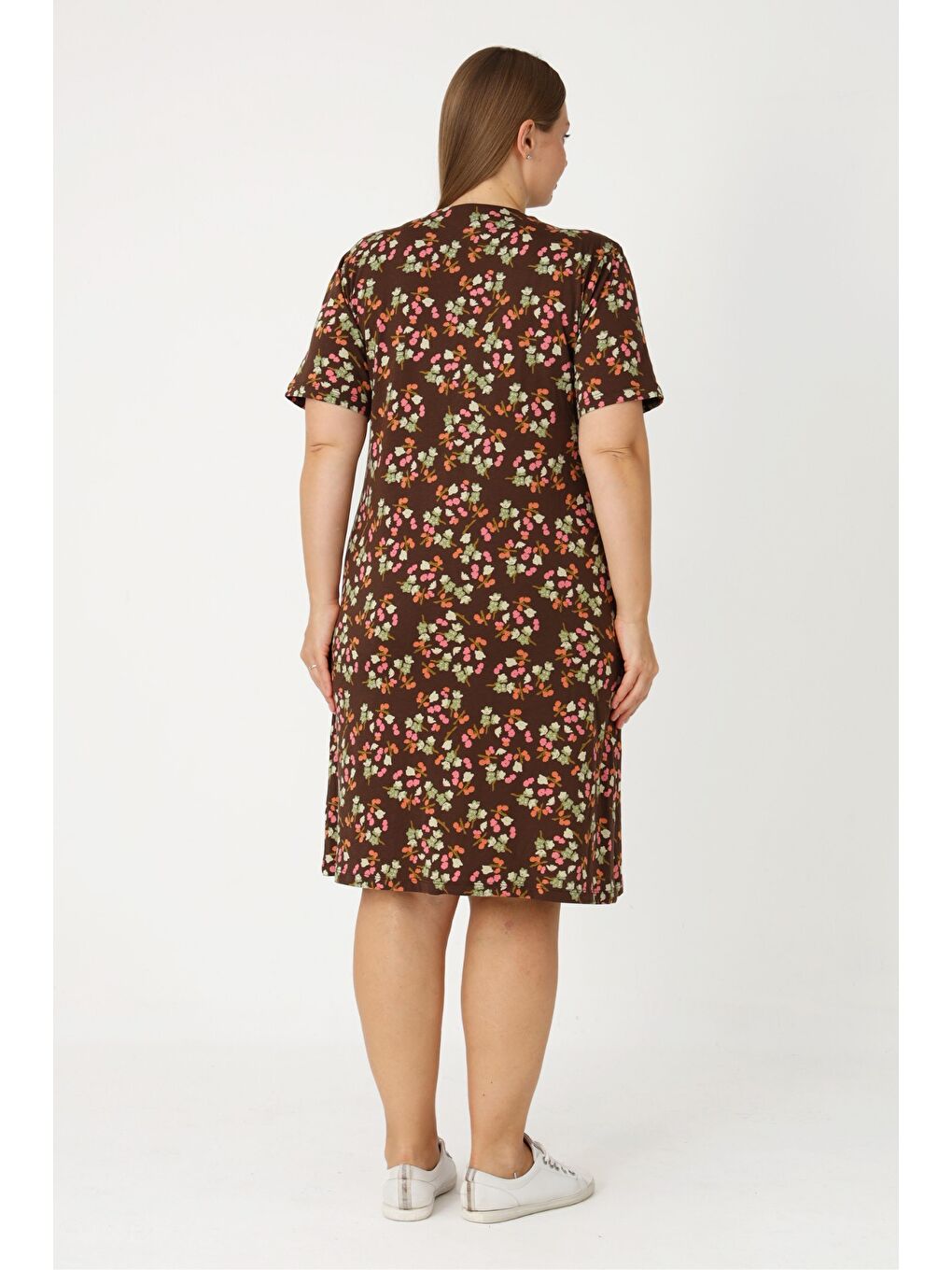 Kahverengi Çiçek Desenli Boydan Fermuarlı Biyeli Cepli Kadın Pamuklu Elbise-4