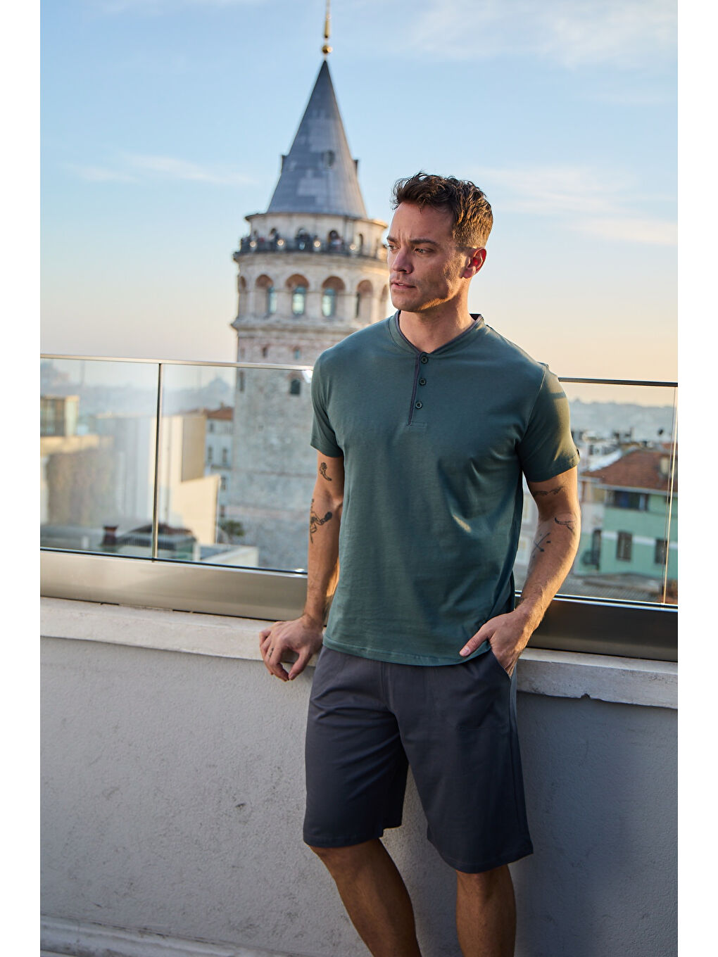 Yeşil Erkek %100 Organik Pamuk Doğal Kısa Kollu Şortlu Yüksek Kaliteli Pijama Takımı-1