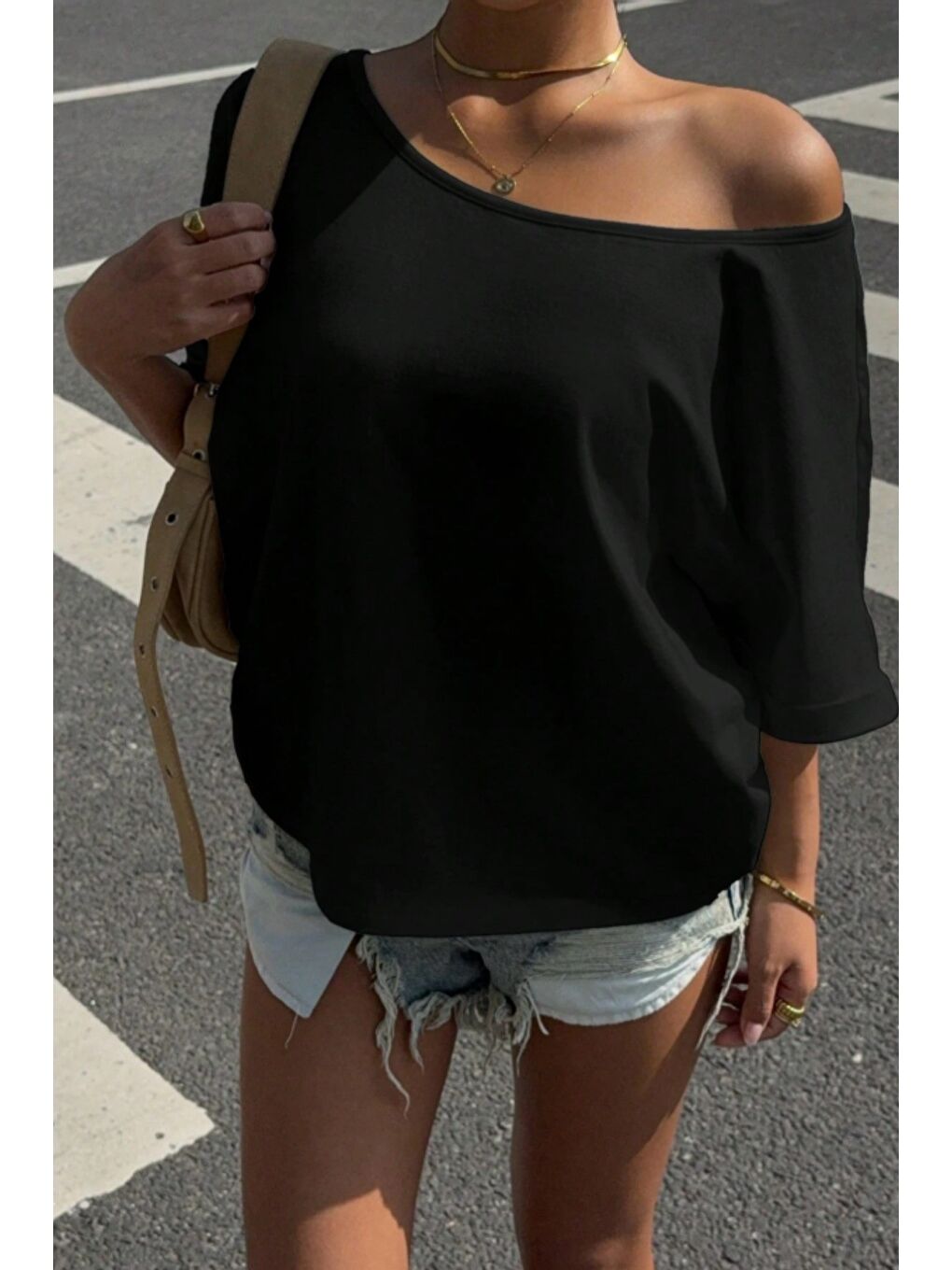 Siyah Kadın Oversize Düşük Omuz Basic Tişört – Salaş Kesim Yazlık Rahat T-Shirt-4