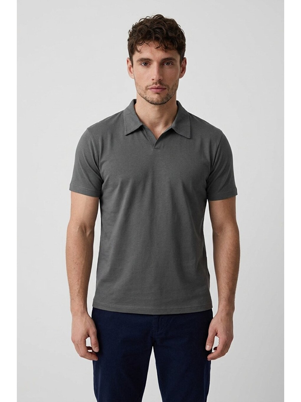 Gri Erkek Polo Yaka Premium Comfort Spor Füme Tişört-2