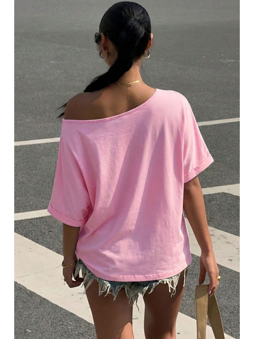 Pembe Kadın Oversize Düşük Omuz Basic Tişört – Salaş Kesim Yazlık Rahat T-Shirt-4