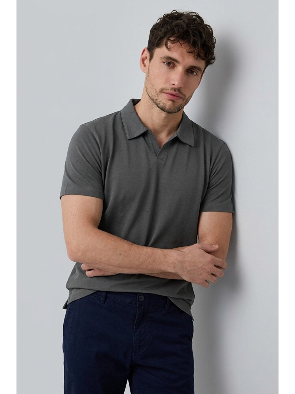Gri Erkek Polo Yaka Premium Comfort Spor Füme Tişört-3