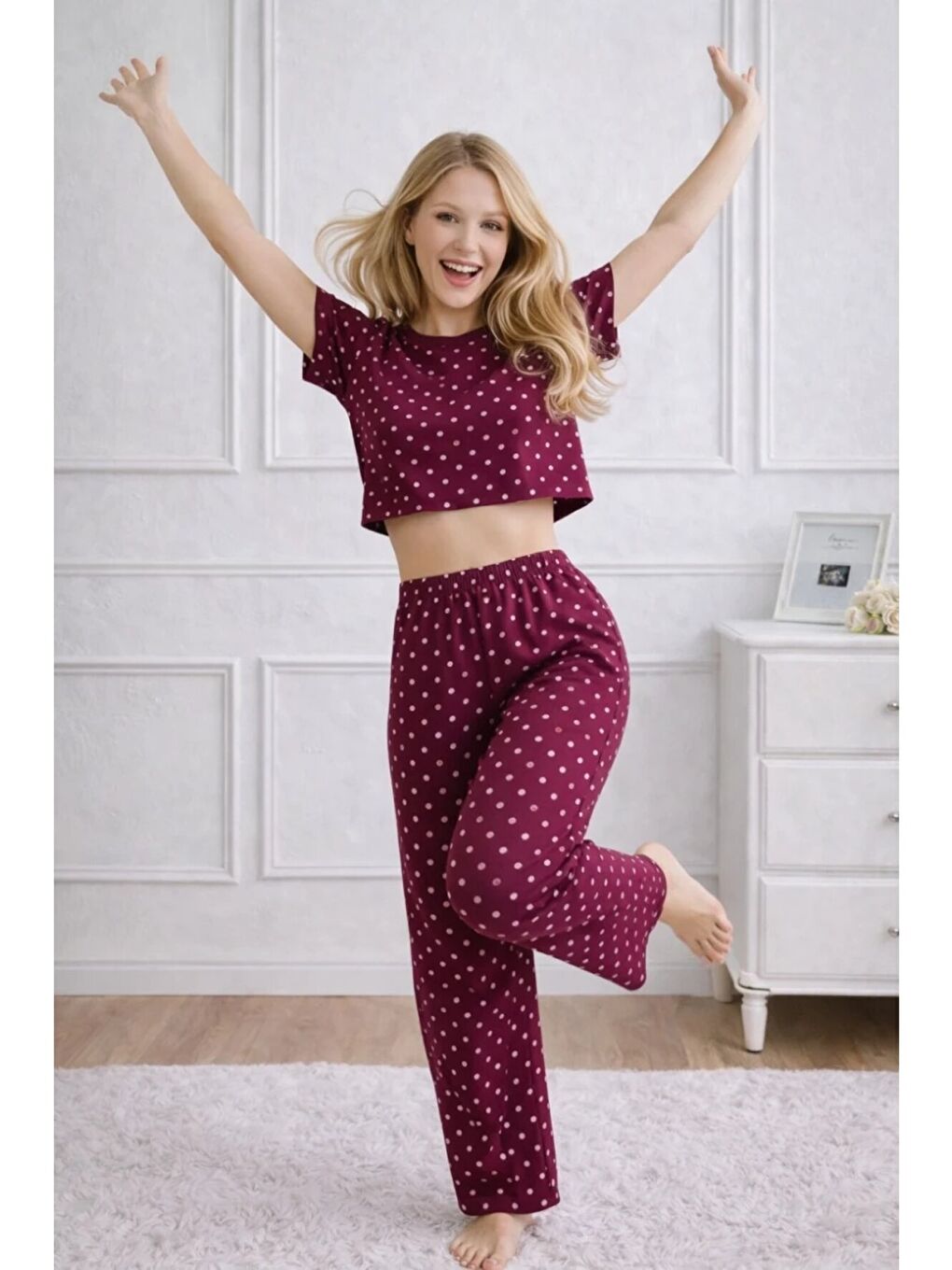 Kadın Bordo Puantiye Desenli Alt Üst Pijama Takımı - Ev Giyimi-2