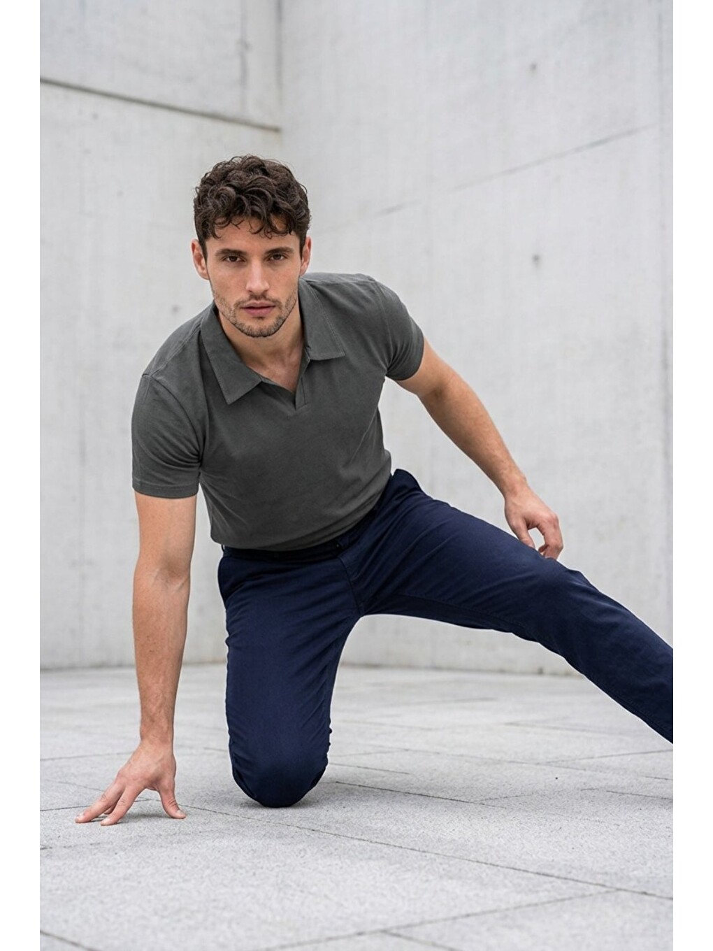 Gri Erkek Polo Yaka Premium Comfort Spor Füme Tişört-4
