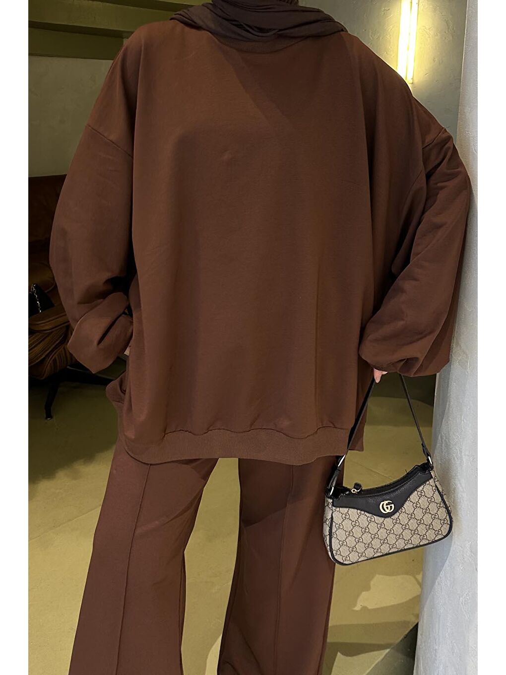 Kapüşonlu Pantolonlu İkili Tesettür Takım Acı Kahverengi-2