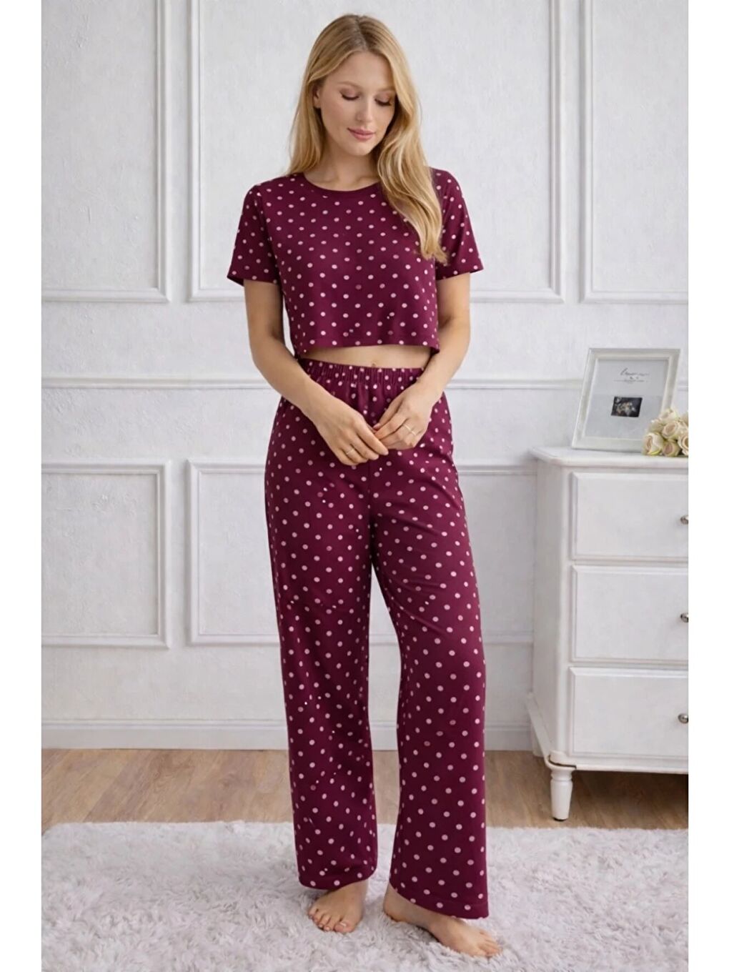 Kadın Bordo Puantiye Desenli Alt Üst Pijama Takımı - Ev Giyimi-3