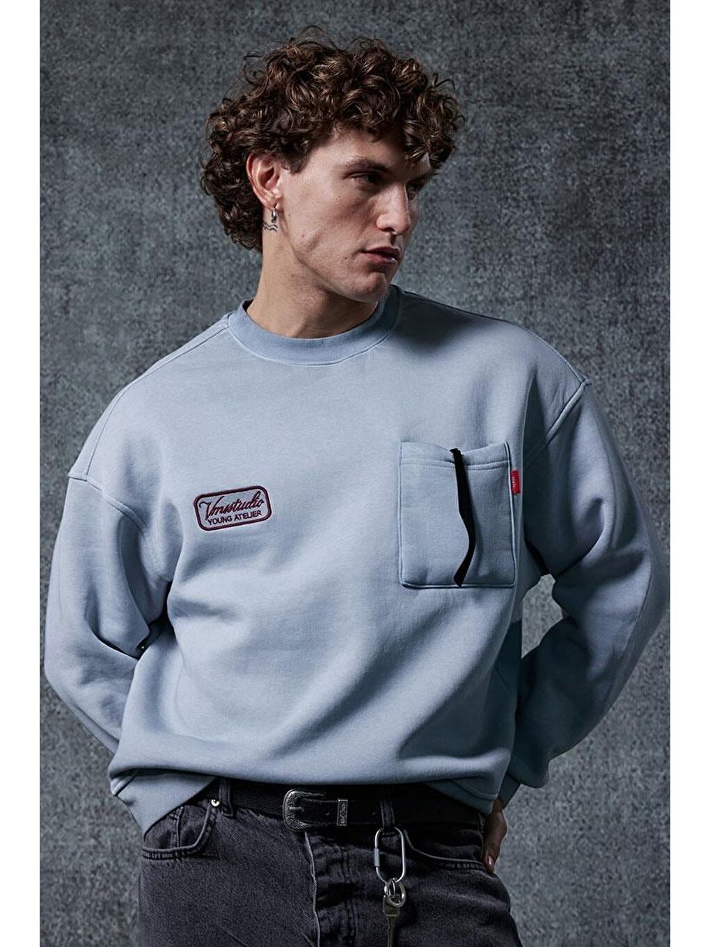 Erkek Bisiklet Yaka Cep Detaylı Sweatshirt Gri-1