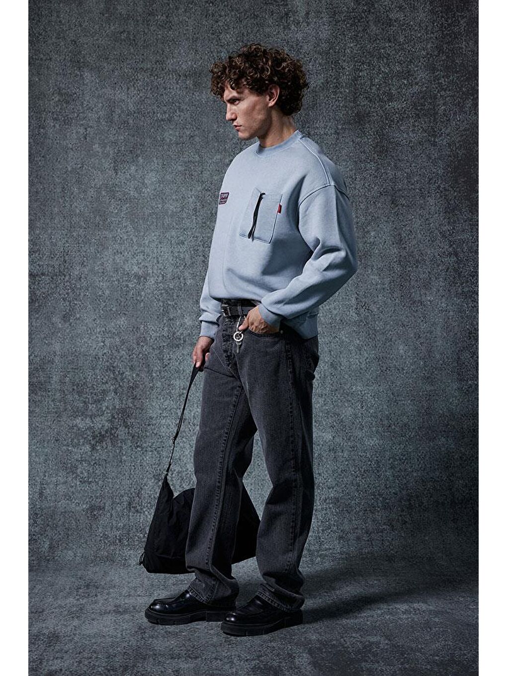 Erkek Bisiklet Yaka Cep Detaylı Sweatshirt Gri-2