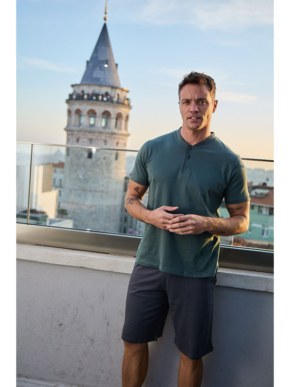 Yeşil Erkek %100 Organik Pamuk Doğal Kısa Kollu Şortlu Yüksek Kaliteli Pijama Takımı-2