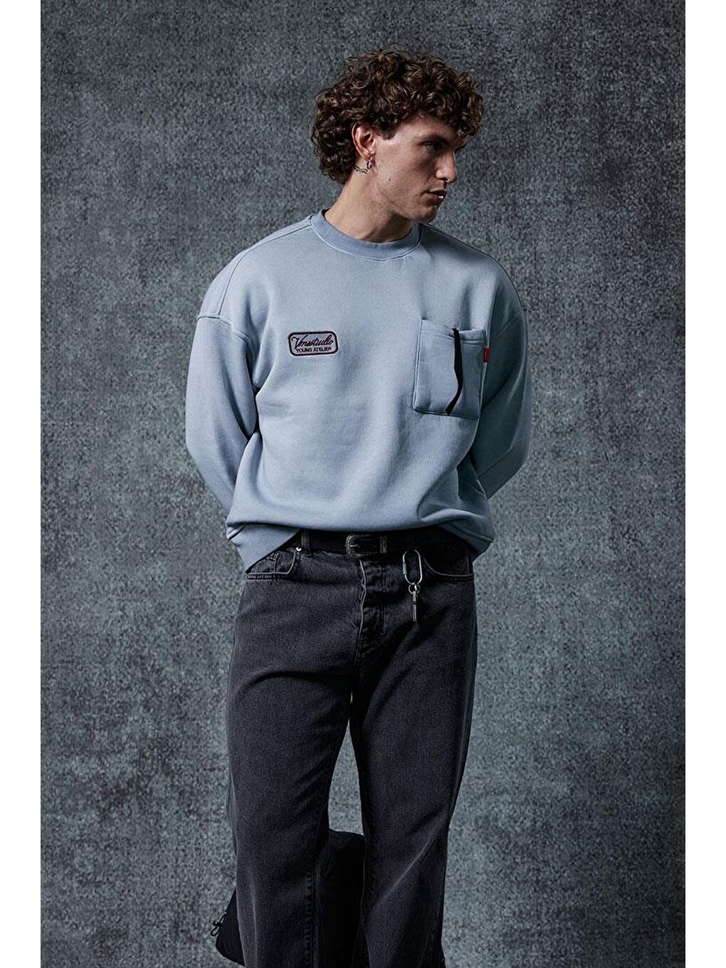 Erkek Bisiklet Yaka Cep Detaylı Sweatshirt Gri-5