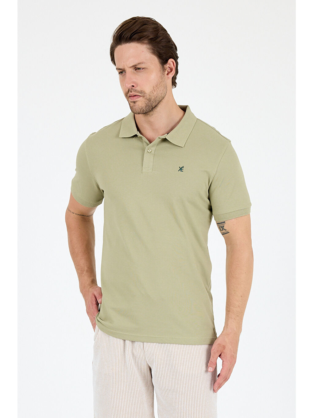 Yeşil Polo Yaka Kısa Kollu Pike Erkek %100 Pamuk Tişört-1