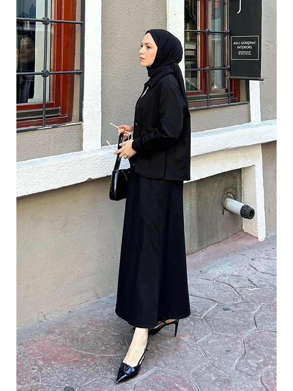 Cep Detaylı İkili Etek Tesettür Takım Siyah-1