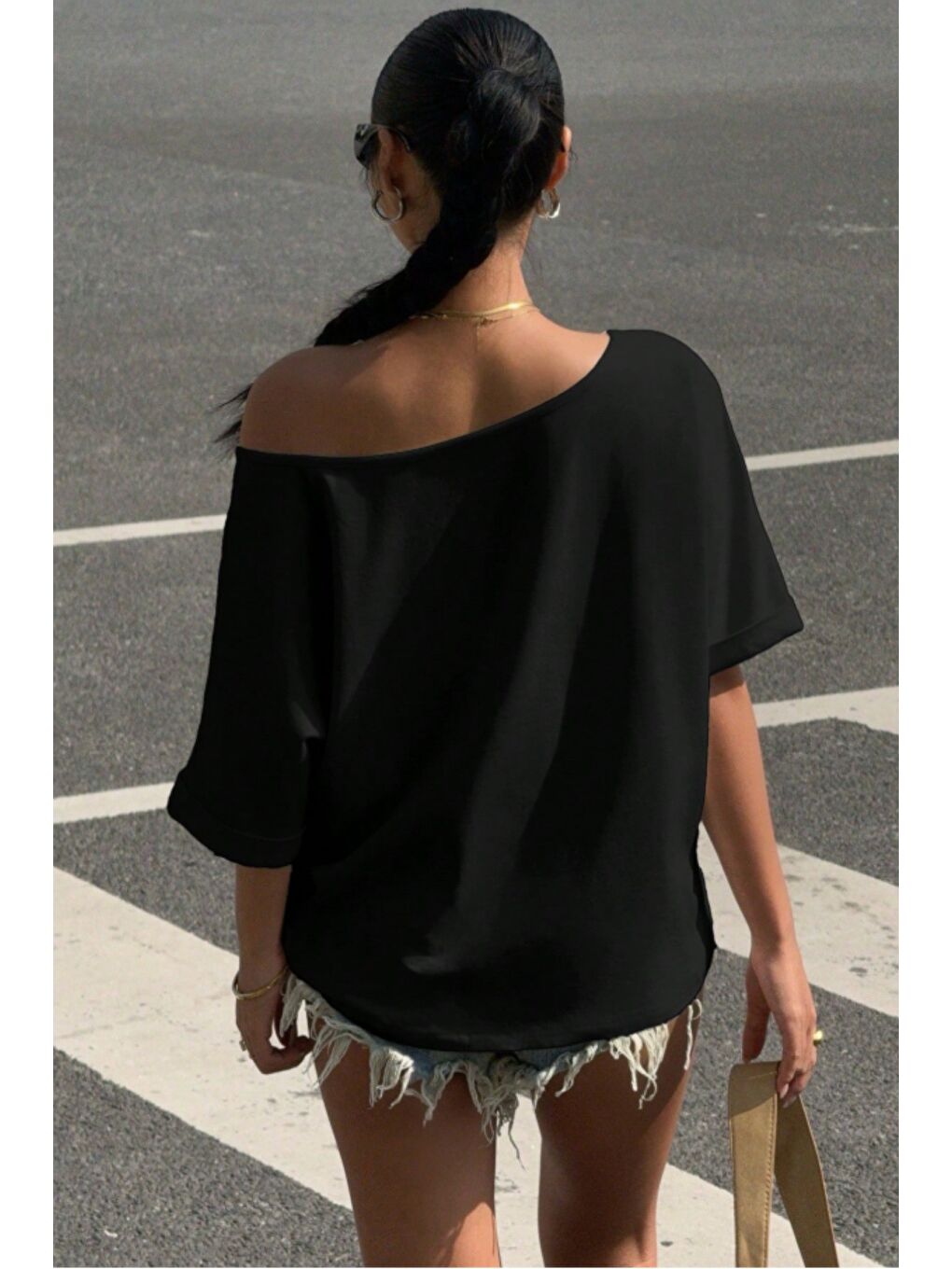Siyah Kadın Oversize Düşük Omuz Basic Tişört – Salaş Kesim Yazlık Rahat T-Shirt-6
