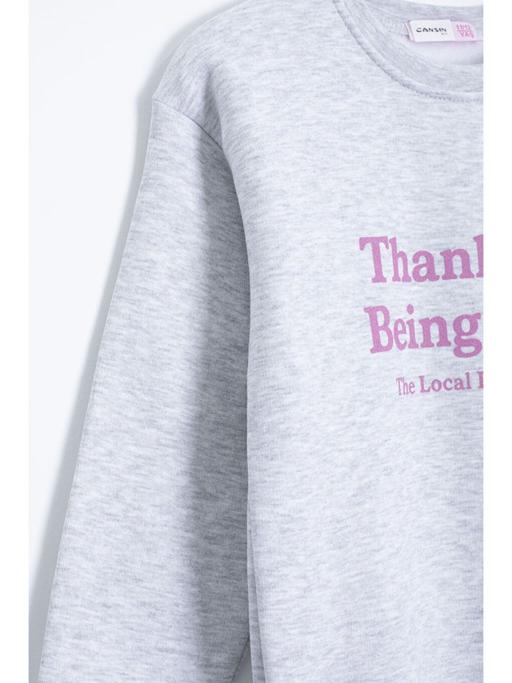 Gri Yazı Baskılı Bisiklet Yaka Kız Çocuk Şardonlu Sweatshirt 23257-3