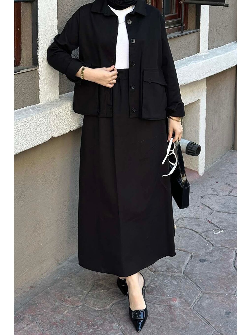 Cep Detaylı İkili Etek Tesettür Takım Siyah-2