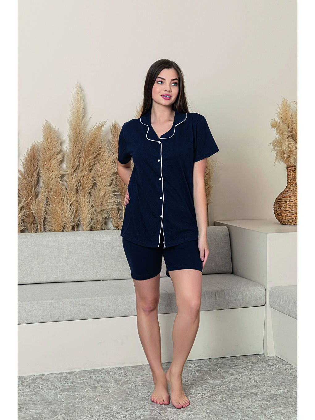 Lacivert Kadın %100 Organik Pamuk Doğal Gömlek Yaka Düğmeli Kısa Kollu Biyeli Şortlu Pijama Takımı-2