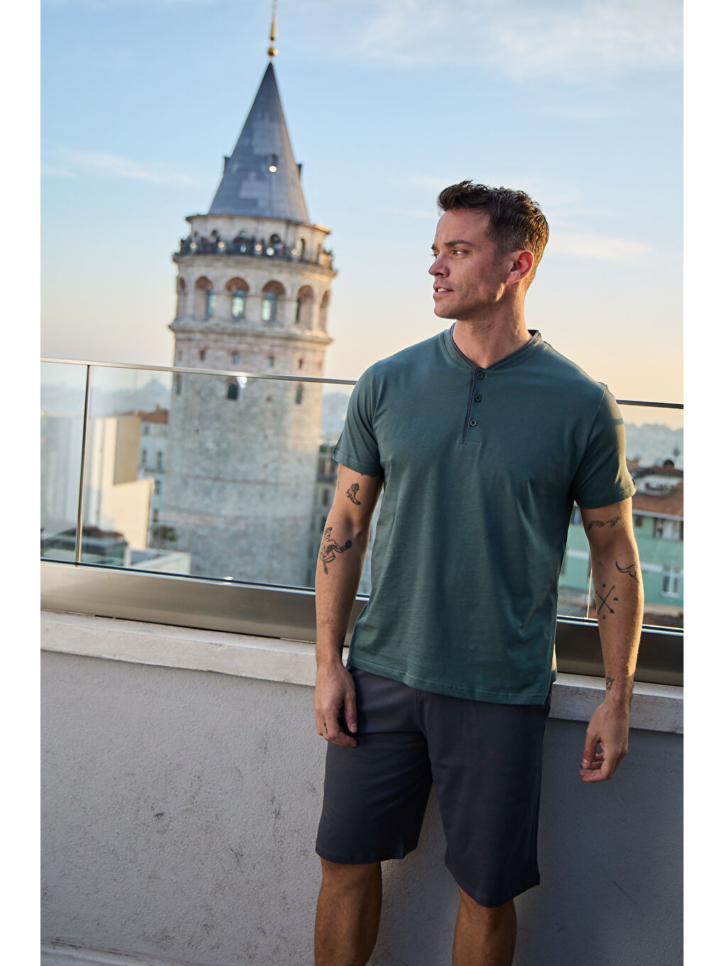 Yeşil Erkek %100 Organik Pamuk Doğal Kısa Kollu Şortlu Yüksek Kaliteli Pijama Takımı-3