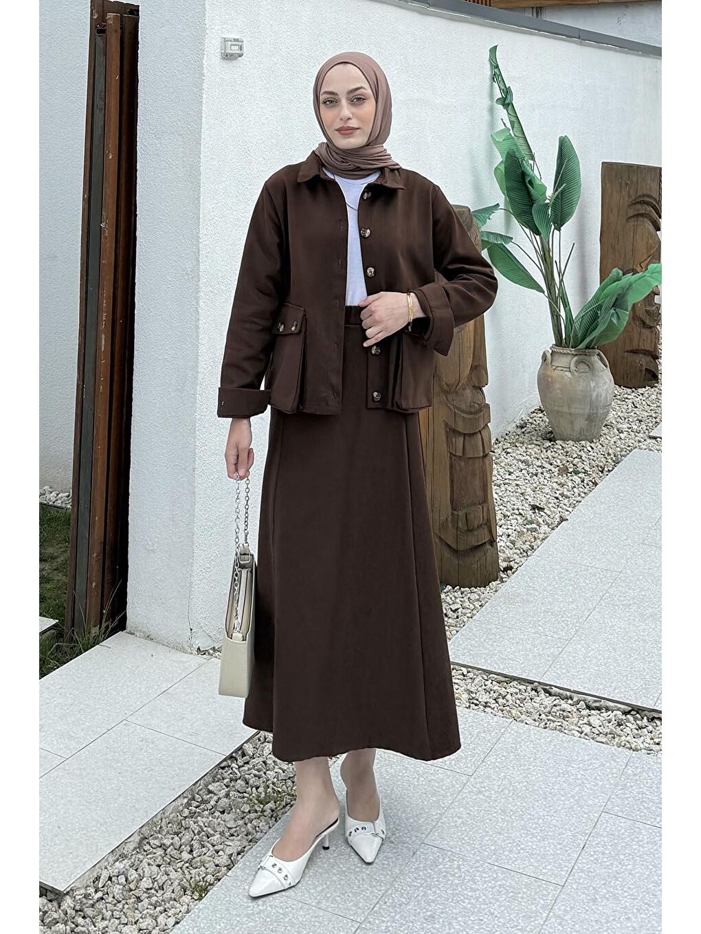 Cep Detaylı İkili Etek Tesettür Takım Acı Kahverengi
