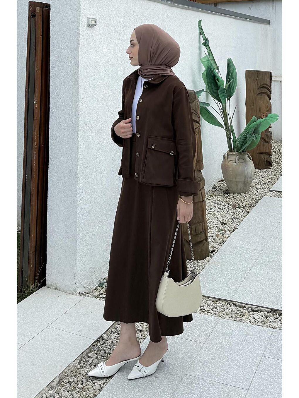 Cep Detaylı İkili Etek Tesettür Takım Acı Kahverengi-1